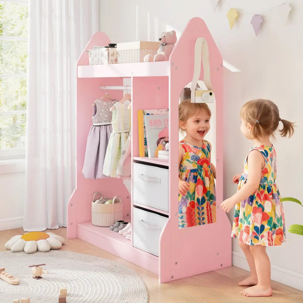 Kids Play Armoire Dresser with Cloth Hanger-Pink - Pink - Kids Storage