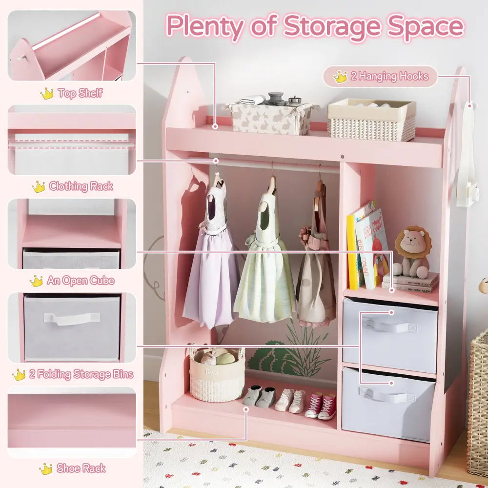 Kids Play Armoire Dresser with Cloth Hanger-Pink - Pink - Kids Storage