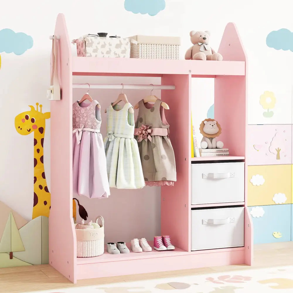 Kids Play Armoire Dresser with Cloth Hanger-Pink - Pink - Kids Storage