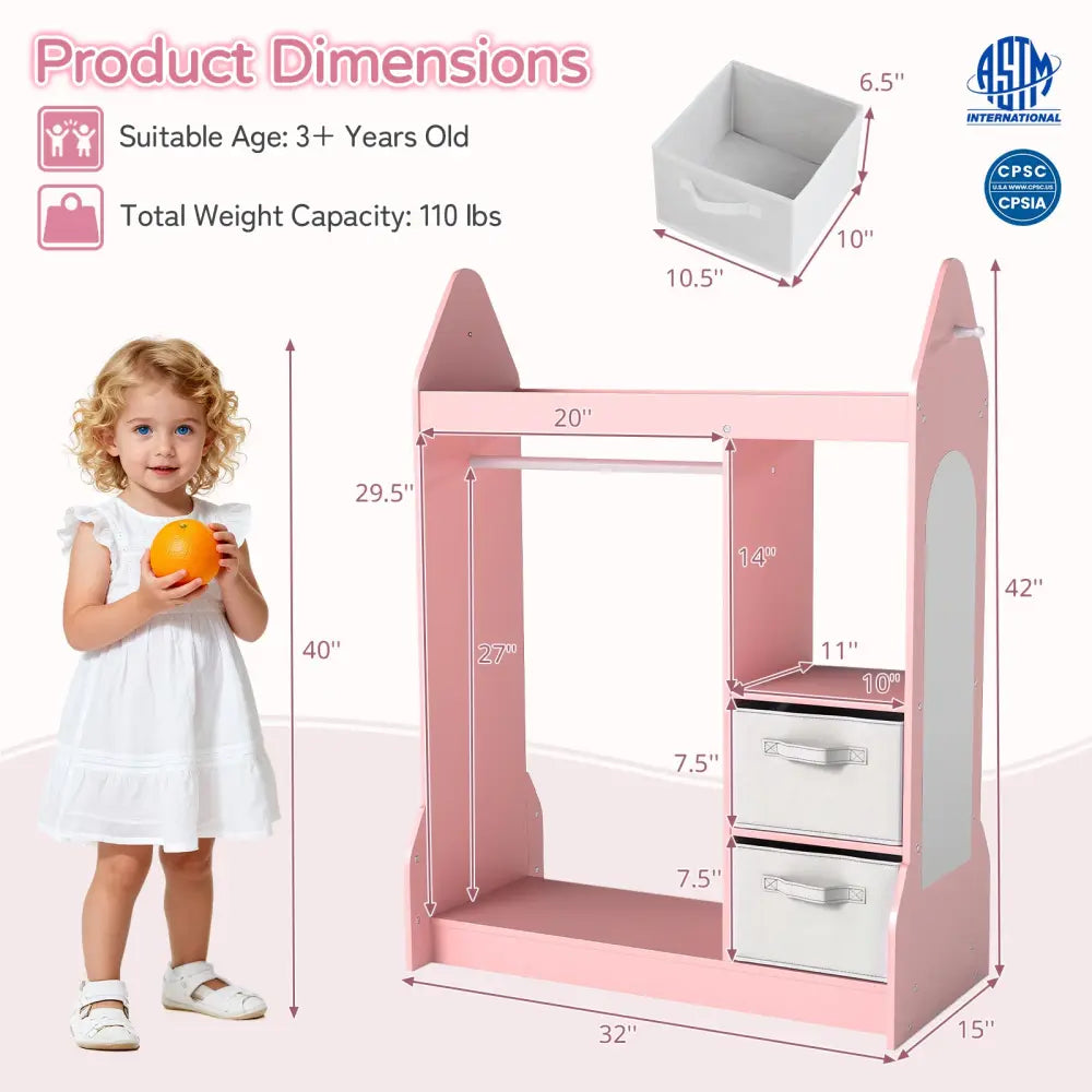 Kids Play Armoire Dresser with Cloth Hanger-Pink - Pink - Kids Storage