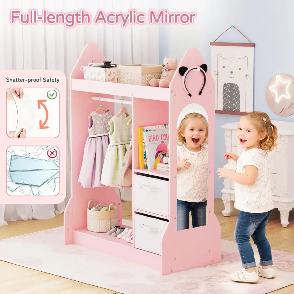 Kids Play Armoire Dresser with Cloth Hanger-Pink - Pink - Kids Storage