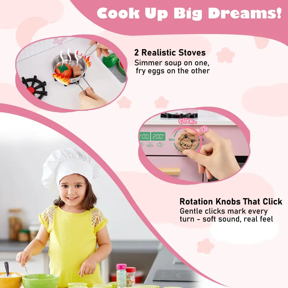 Kids Play Kitchen Children Toy Kitchen Playset with 2 Stoves and Rotation Knobs-Pink - Pink - Play Kitchen Sets