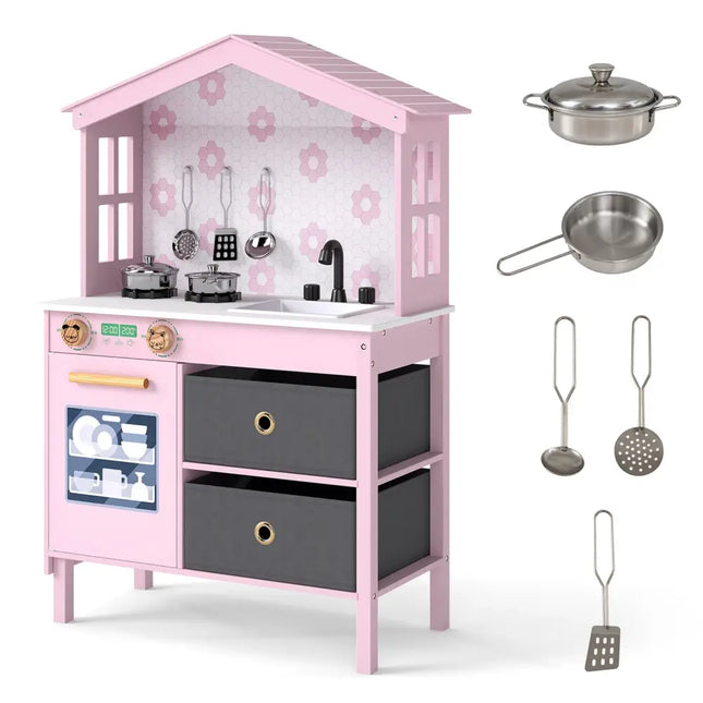 Kids Play Kitchen Children Toy Kitchen Playset with 2 Stoves and Rotation Knobs-Pink - Pink - Play Kitchen Sets