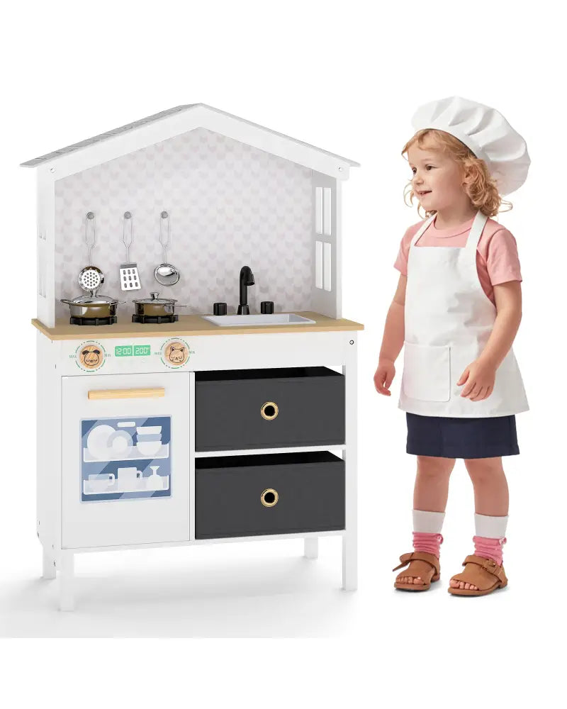 Kids Play Kitchen Children Toy Kitchen Playset with 2 Stoves and Rotation Knobs-White - White - Play Kitchen Sets