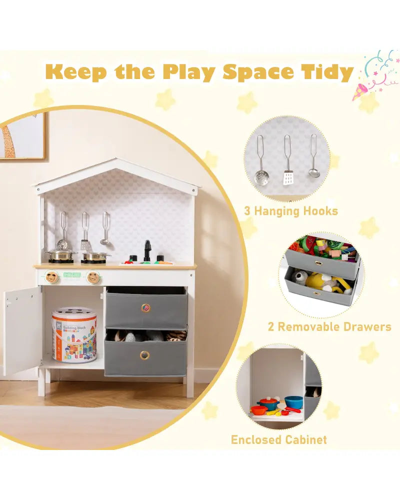 Kids Play Kitchen Children Toy Kitchen Playset with 2 Stoves and Rotation Knobs-White - White - Play Kitchen Sets
