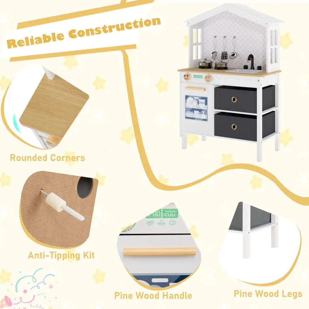 Kids Play Kitchen Children Toy Kitchen Playset with 2 Stoves and Rotation Knobs-White - White - Play Kitchen Sets