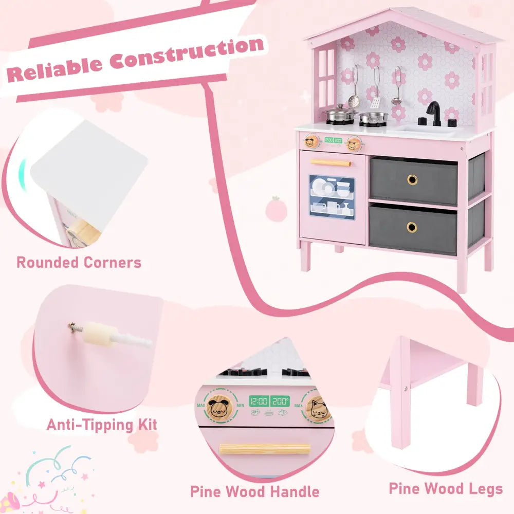 Kids Play Kitchen Children Toy Kitchen Playset with 2 Stoves and Rotation Knobs-Pink - Pink - Play Kitchen Sets