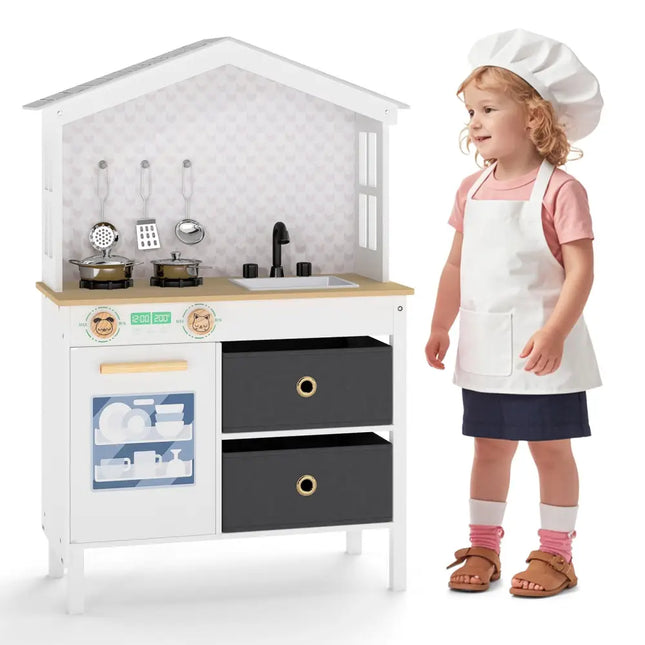 Kids Play Kitchen Children Toy Kitchen Playset with 2 Stoves and Rotation Knobs - White - Oasis Home Essentials