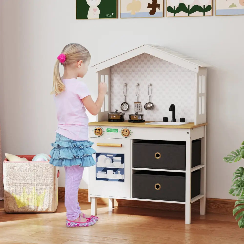 Kids Play Kitchen Children Toy Kitchen Playset with 2 Stoves and Rotation Knobs-White - White - Play Kitchen Sets