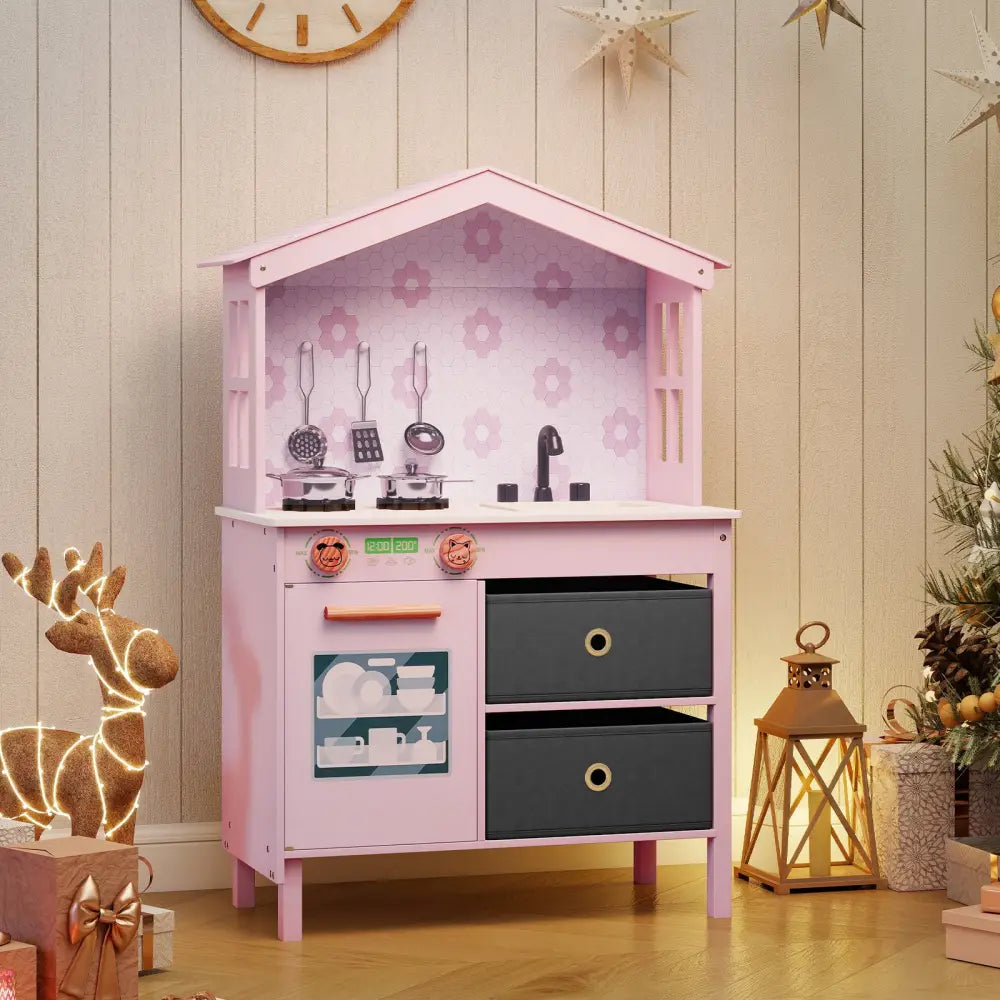 Kids Play Kitchen Children Toy Kitchen Playset with 2 Stoves and Rotation Knobs-Pink - Pink - Play Kitchen Sets