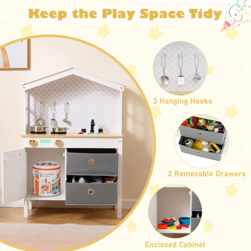 Kids Play Kitchen Children Toy Kitchen Playset with 2 Stoves and Rotation Knobs-White - White - Play Kitchen Sets