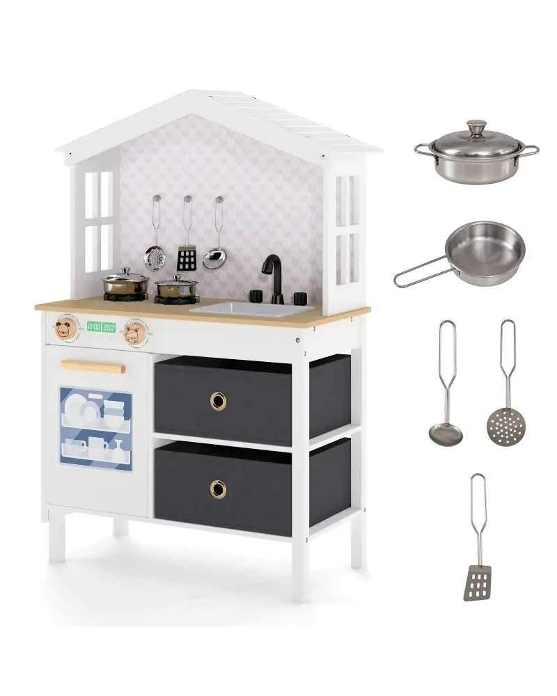 Kids Play Kitchen Children Toy Kitchen Playset with 2 Stoves and Rotation Knobs-White - White - Play Kitchen Sets
