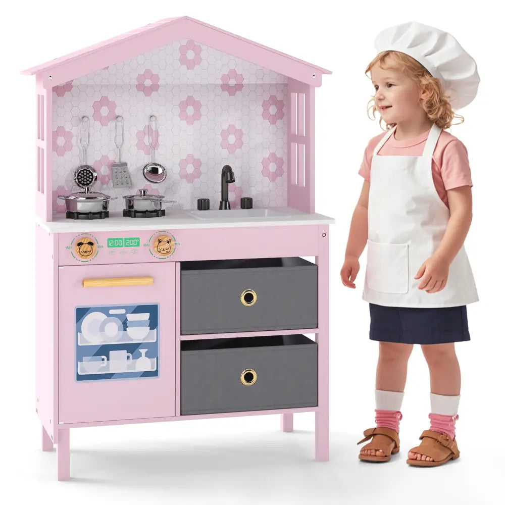 Kids Play Kitchen Children Toy Kitchen Playset with 2 Stoves and Rotation Knobs-Pink - Pink - Play Kitchen Sets