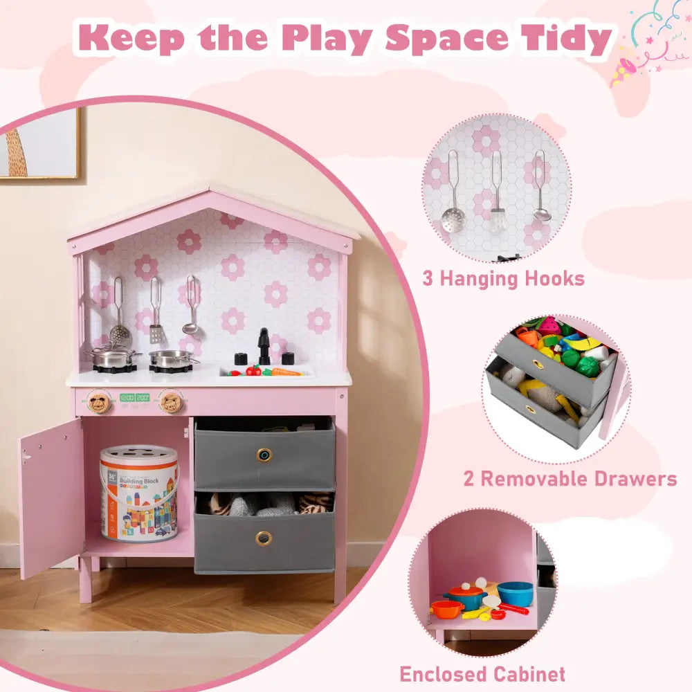 Kids Play Kitchen Children Toy Kitchen Playset with 2 Stoves and Rotation Knobs-Pink - Pink - Play Kitchen Sets