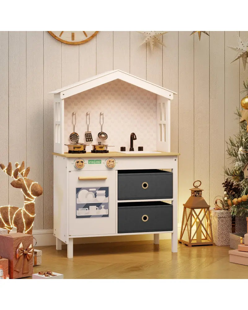 Kids Play Kitchen Children Toy Kitchen Playset with 2 Stoves and Rotation Knobs-White - White - Play Kitchen Sets