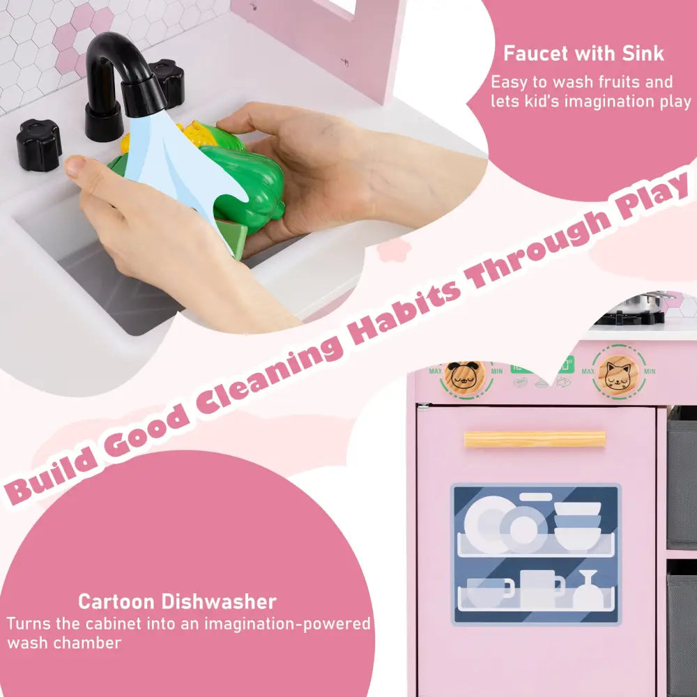 Kids Play Kitchen Children Toy Kitchen Playset with 2 Stoves and Rotation Knobs-Pink - Pink - Play Kitchen Sets
