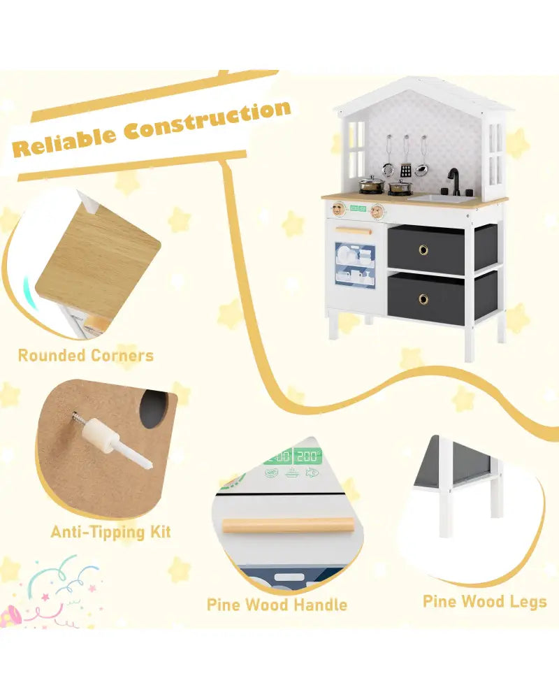 Kids Play Kitchen Children Toy Kitchen Playset with 2 Stoves and Rotation Knobs-White - White - Play Kitchen Sets