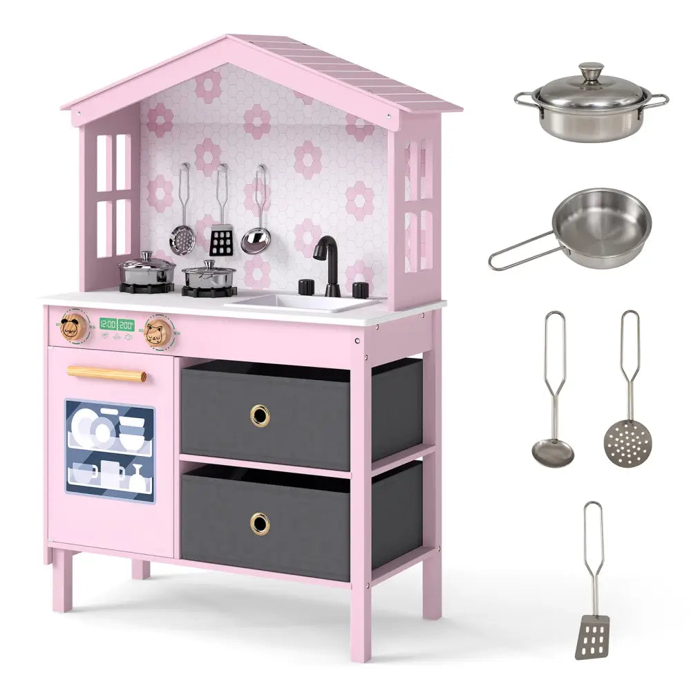 Kids Play Kitchen Children Toy Kitchen Playset with 2 Stoves and Rotation Knobs-Pink - Pink - Play Kitchen Sets