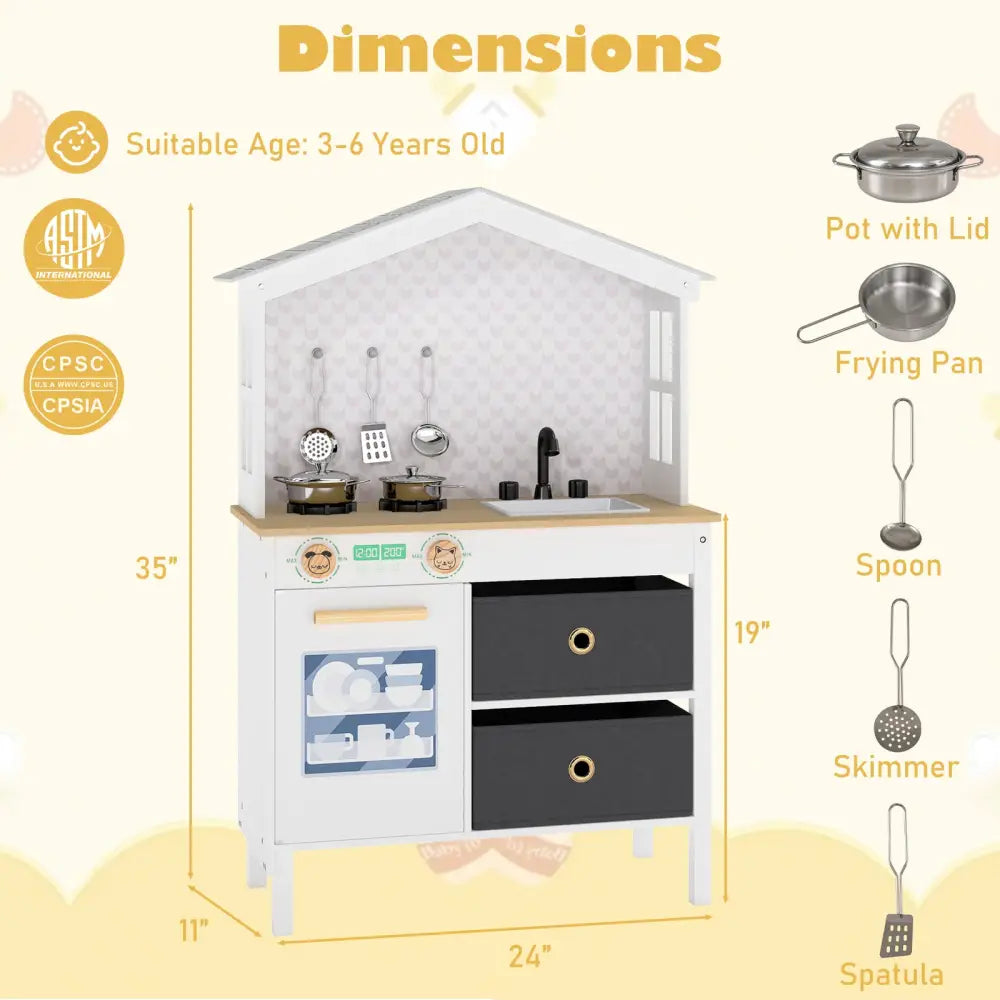 Kids Play Kitchen Children Toy Kitchen Playset with 2 Stoves and Rotation Knobs-White - White - Play Kitchen Sets