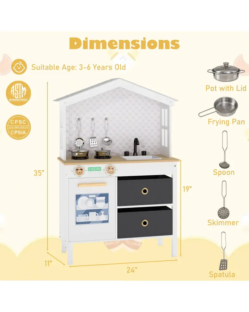Kids Play Kitchen Children Toy Kitchen Playset with 2 Stoves and Rotation Knobs-White - White - Play Kitchen Sets