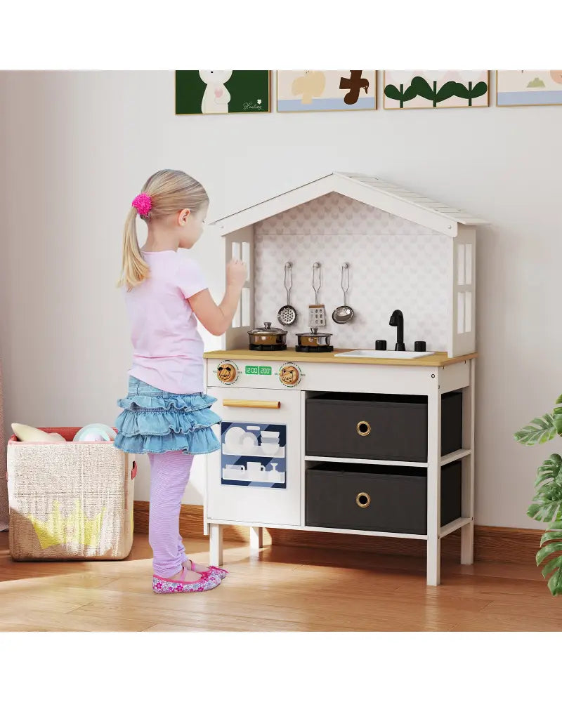 Kids Play Kitchen Children Toy Kitchen Playset with 2 Stoves and Rotation Knobs-White - White - Play Kitchen Sets