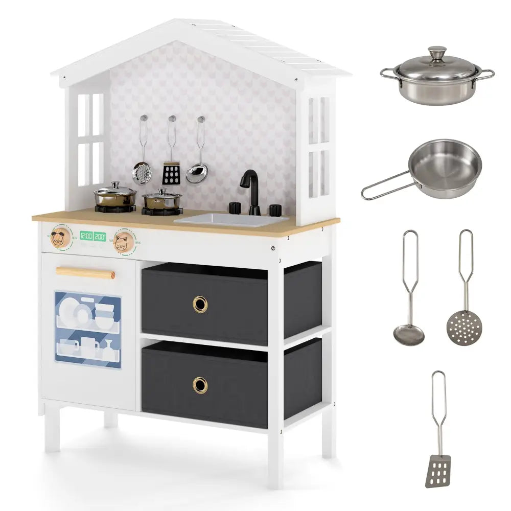 Kids Play Kitchen Children Toy Kitchen Playset with 2 Stoves and Rotation Knobs-White - White - Play Kitchen Sets