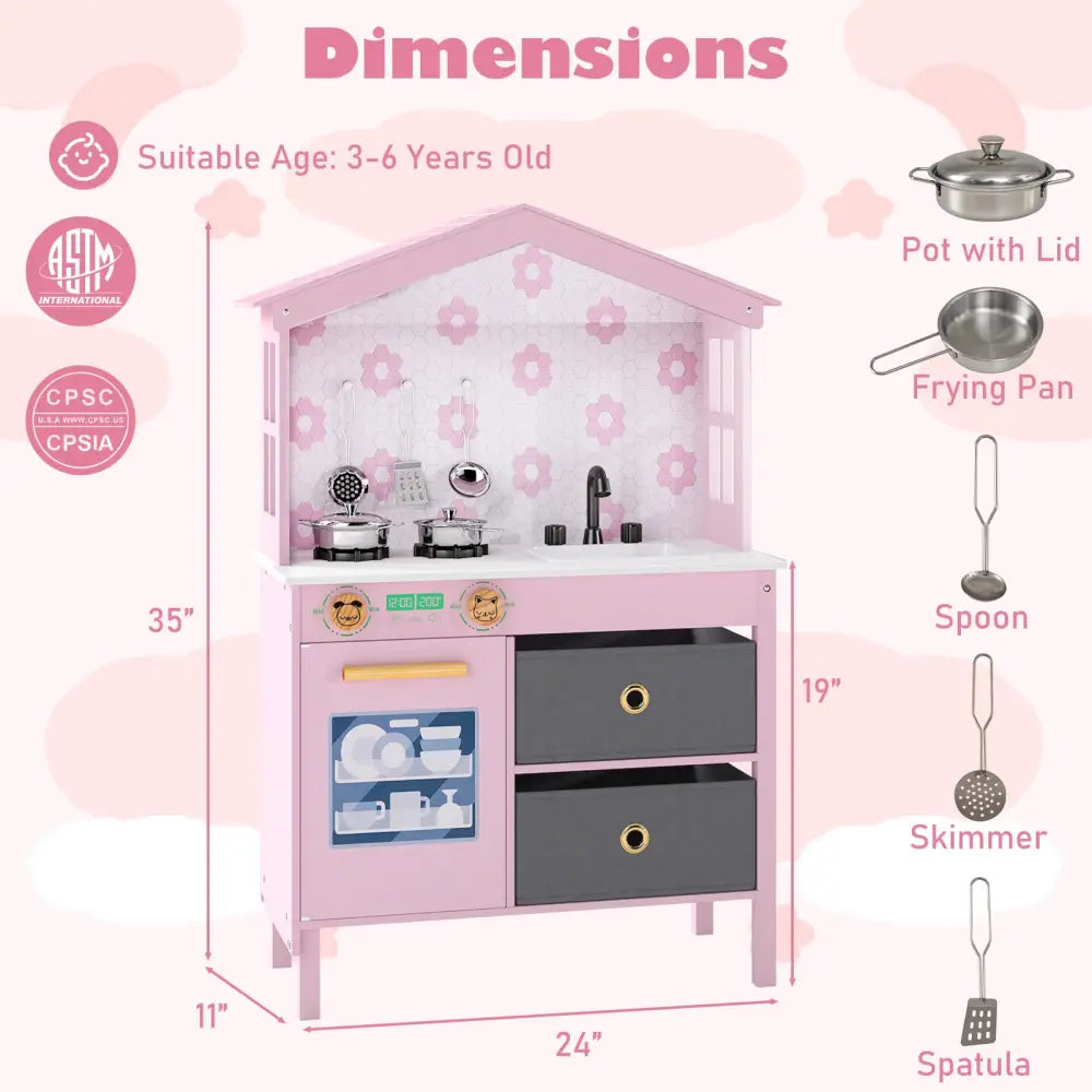 Kids Play Kitchen Children Toy Kitchen Playset with 2 Stoves and Rotation Knobs-Pink - Pink - Play Kitchen Sets