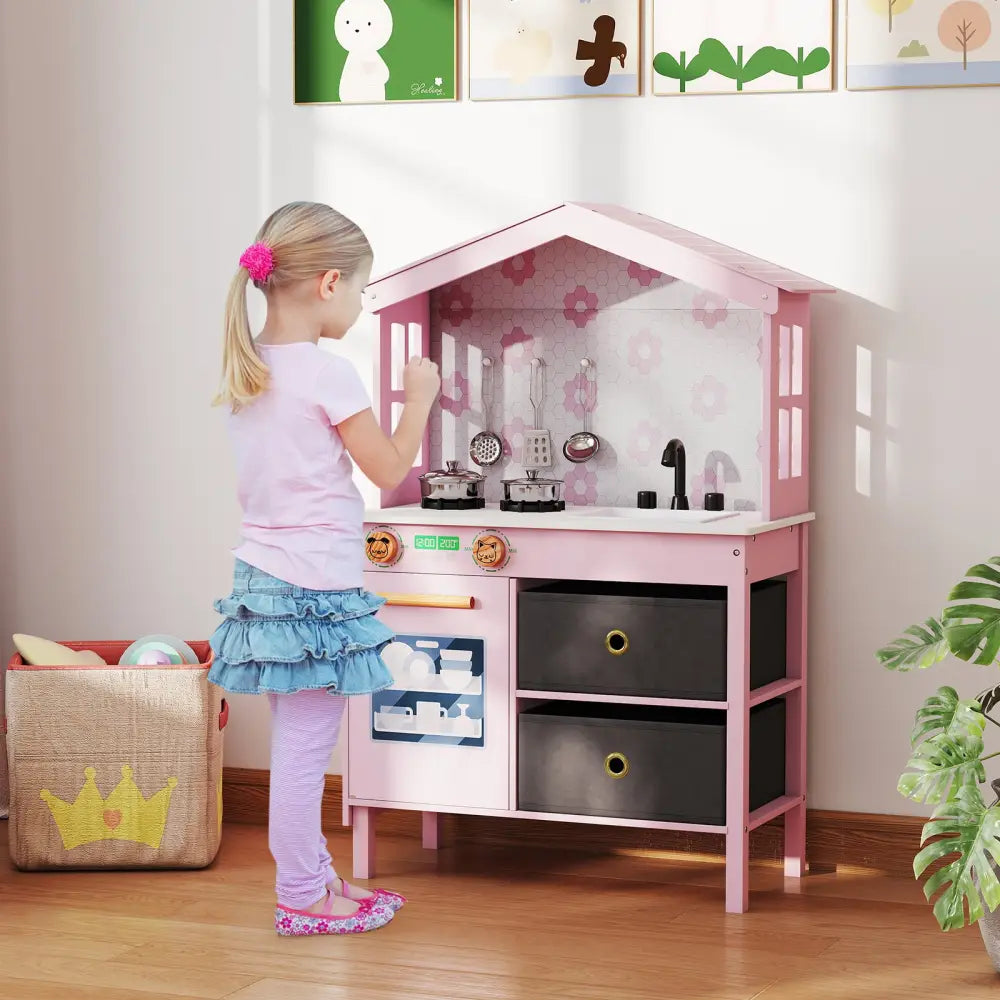 Kids Play Kitchen Children Toy Kitchen Playset with 2 Stoves and Rotation Knobs-Pink - Pink - Play Kitchen Sets
