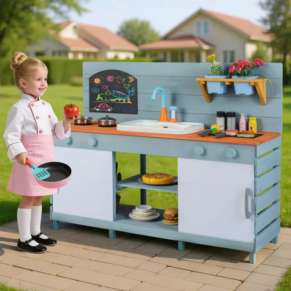 Kids Play Kitchen Set with Stoves for Boys Girls Aged 3-8-Blue - Blue - Play Kitchen Sets