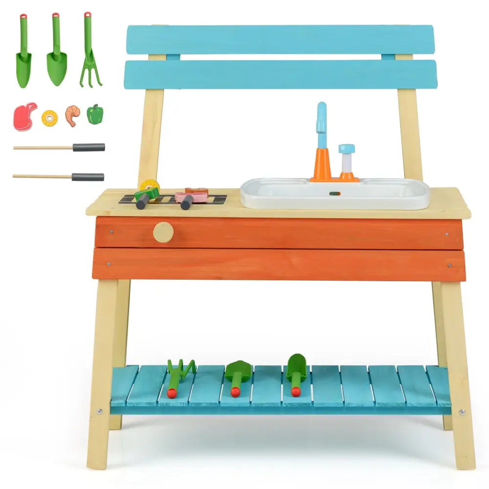 Kids Play Kitchen Set Wooden Kitchen Playset Chef Pretend Mud Kitchen-Blue - Multicolor - Play Kitchen Sets
