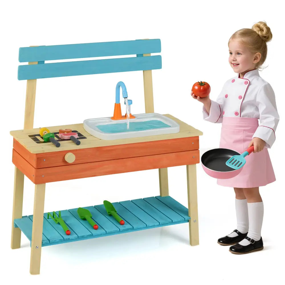 Kids Play Kitchen Set Wooden Kitchen Playset Chef Pretend Mud Kitchen-Blue - Multicolor - Play Kitchen Sets