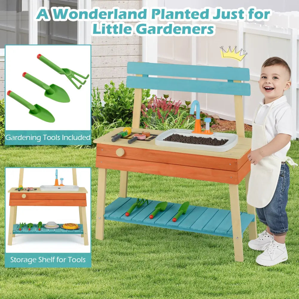 Kids Play Kitchen Set Wooden Kitchen Playset Chef Pretend Mud Kitchen-Blue - Multicolor - Play Kitchen Sets
