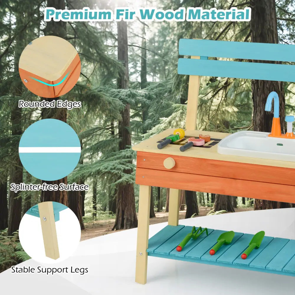 Kids Play Kitchen Set Wooden Kitchen Playset Chef Pretend Mud Kitchen-Blue - Multicolor - Play Kitchen Sets