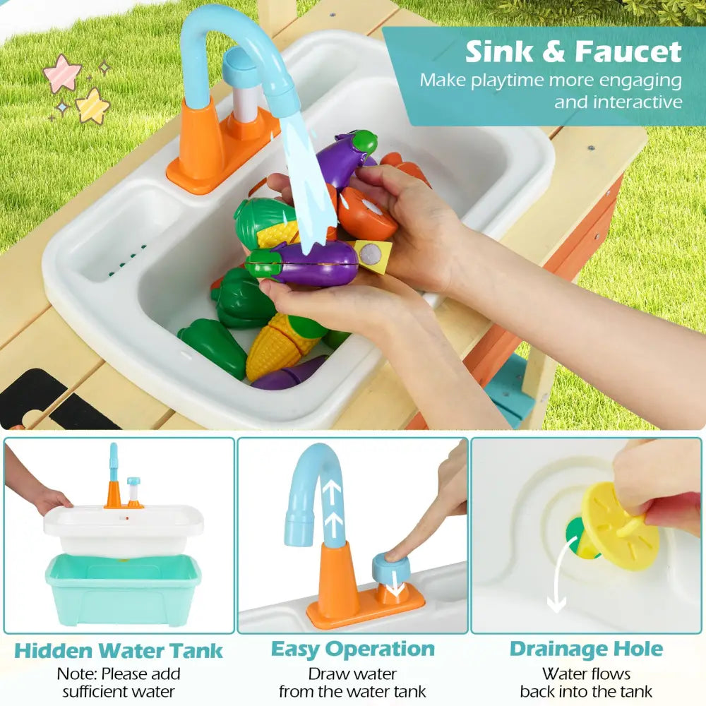 Kids Play Kitchen Set Wooden Kitchen Playset Chef Pretend Mud Kitchen-Blue - Multicolor - Play Kitchen Sets