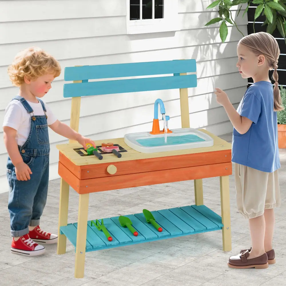 Kids Play Kitchen Set Wooden Kitchen Playset Chef Pretend Mud Kitchen-Blue - Multicolor - Play Kitchen Sets