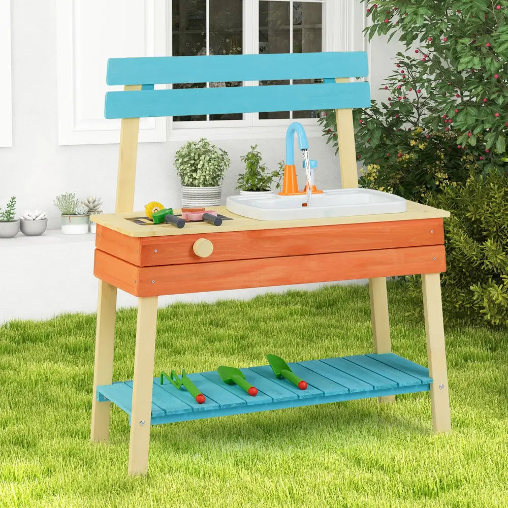 Kids Play Kitchen Set Wooden Kitchen Playset Chef Pretend Mud Kitchen-Blue - Multicolor - Play Kitchen Sets
