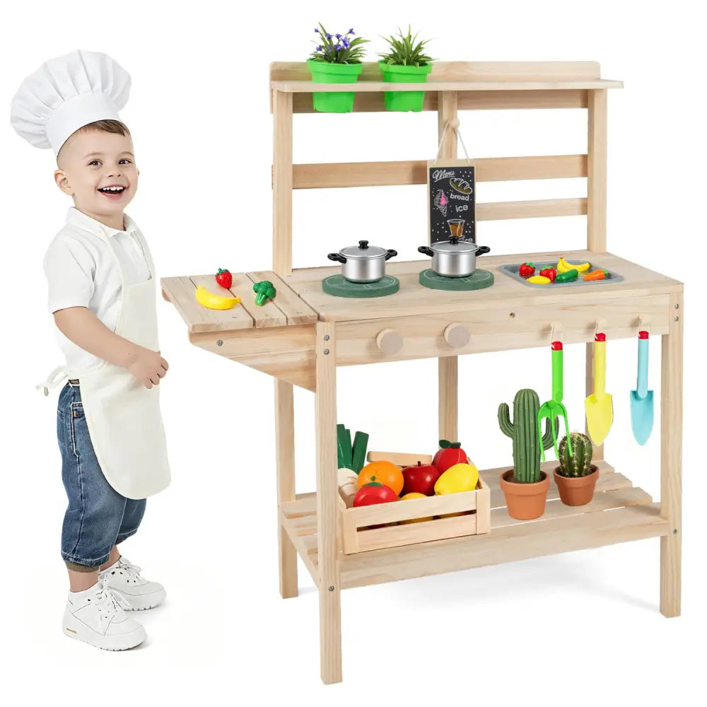 Kids Play Kitchen Set Wooden Kitchen Playset with Stoves for Boys Girls 3+-Natural - Natural - Play Kitchen Sets