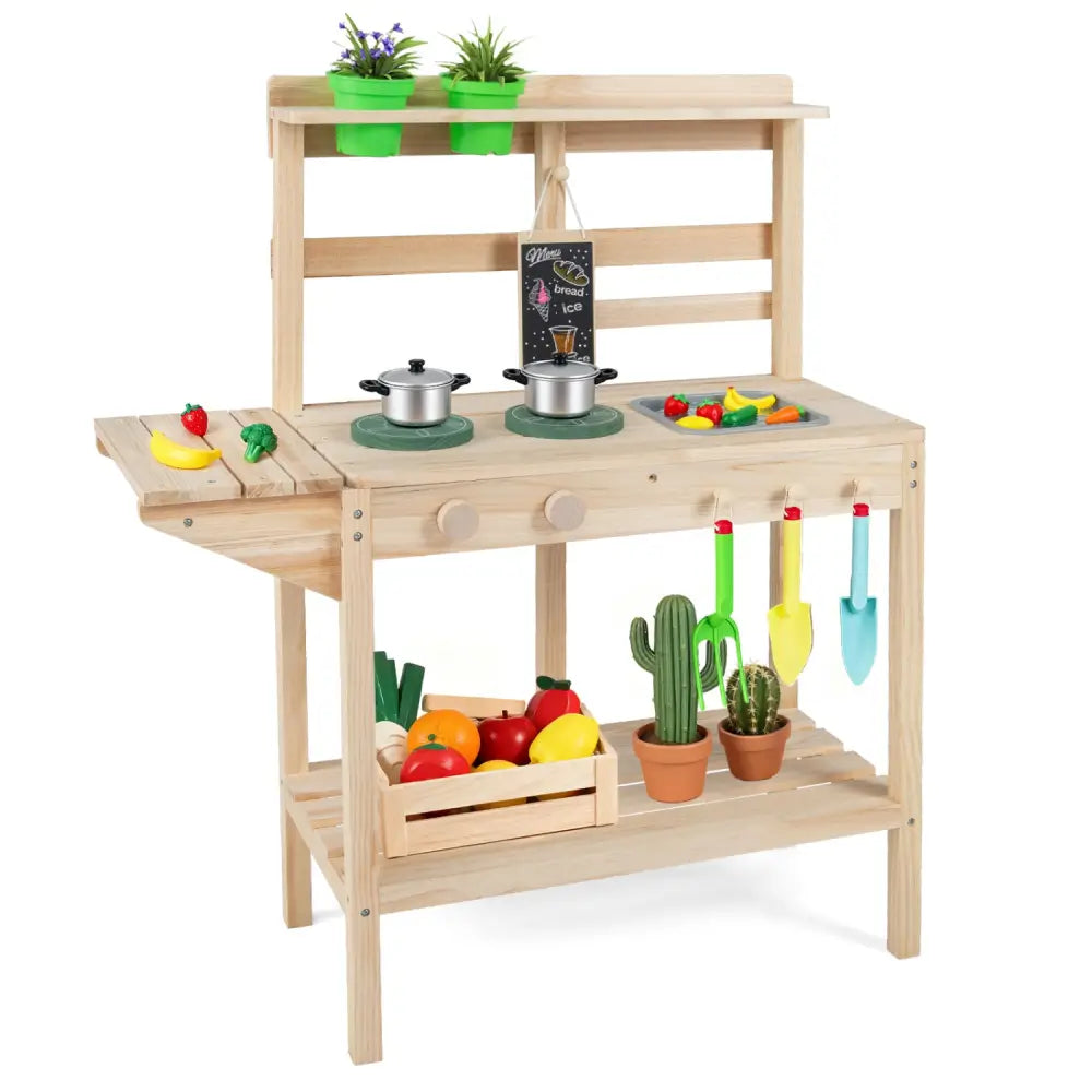 Kids Play Kitchen Set Wooden Kitchen Playset with Stoves for Boys Girls 3+-Natural - Natural - Play Kitchen Sets