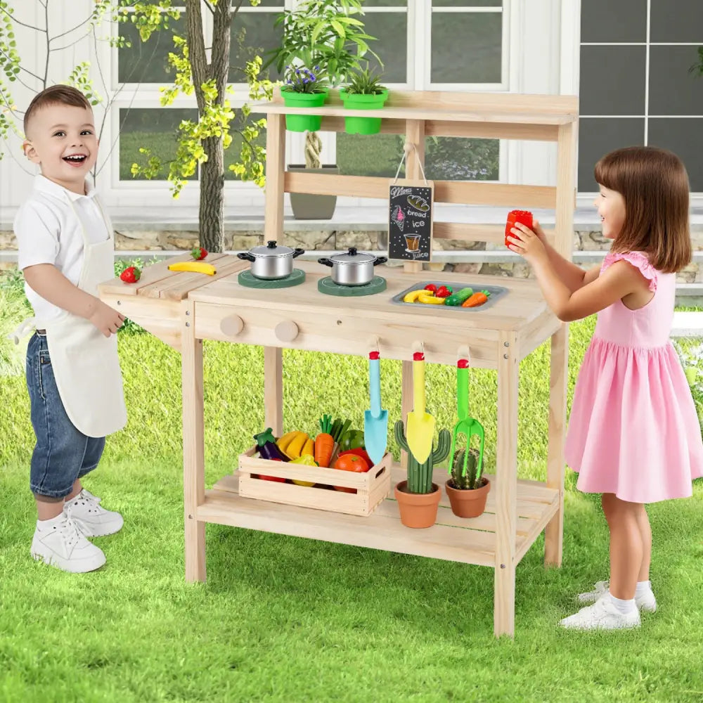 Kids Play Kitchen Set Wooden Kitchen Playset with Stoves for Boys Girls 3+-Natural - Natural - Play Kitchen Sets
