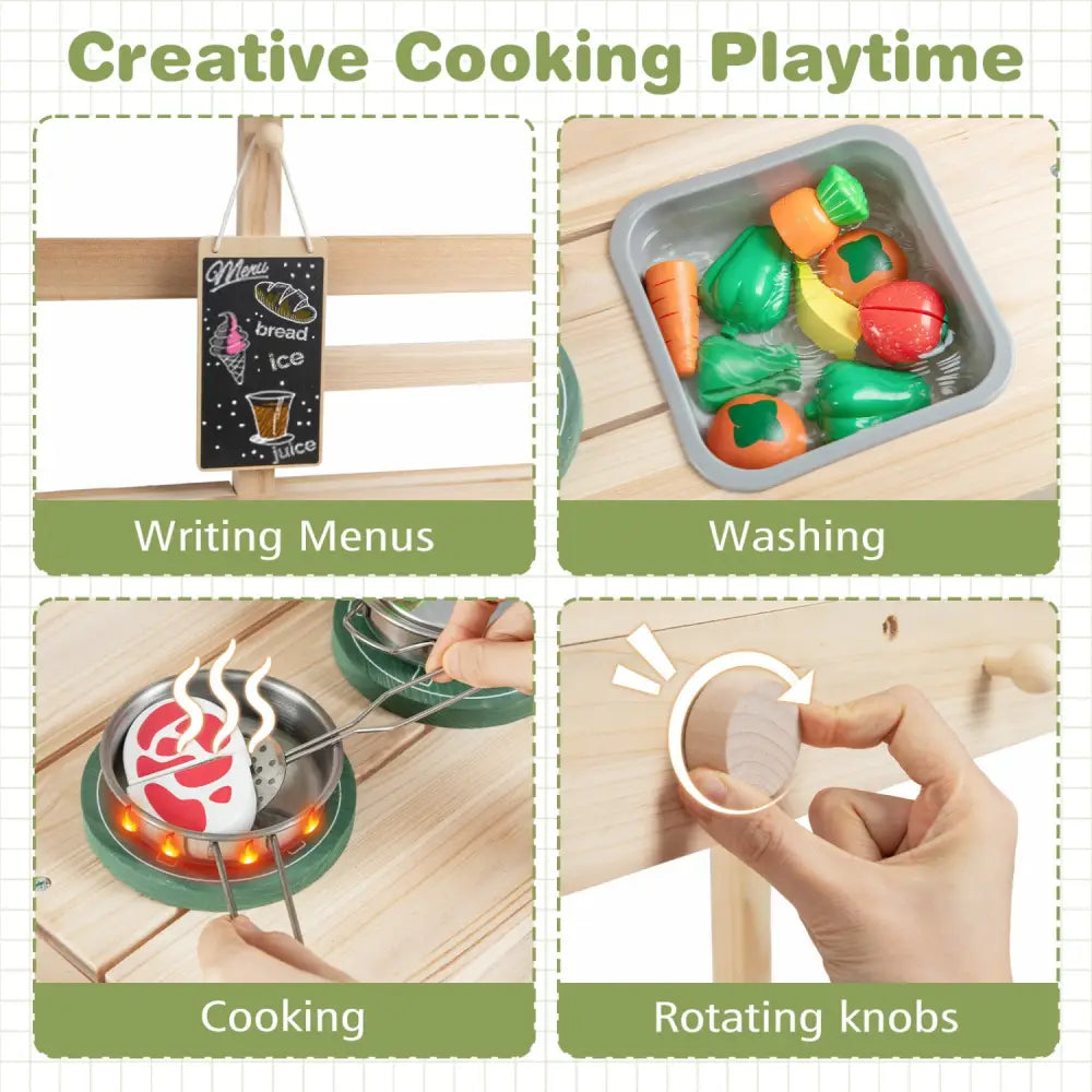 Kids Play Kitchen Set Wooden Kitchen Playset with Stoves for Boys Girls 3+-Natural - Natural - Play Kitchen Sets