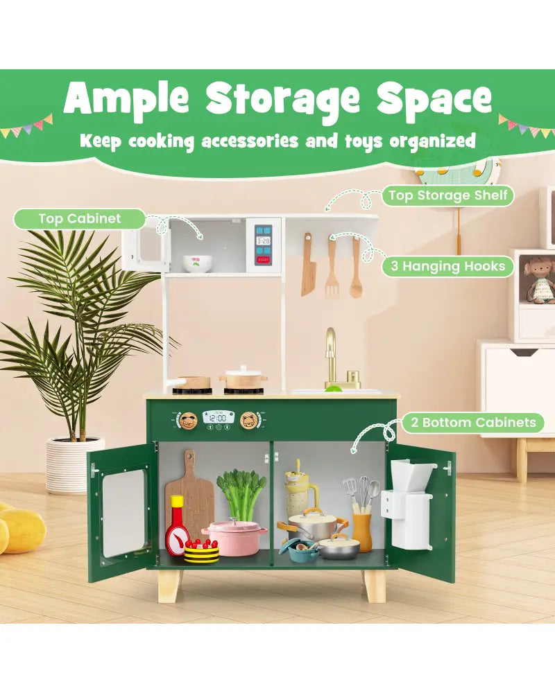 Kids Play Kitchen with Microwave and Rotation Knobs for Girls Boys Aged 3-6-Green - Green - Play Kitchen Sets