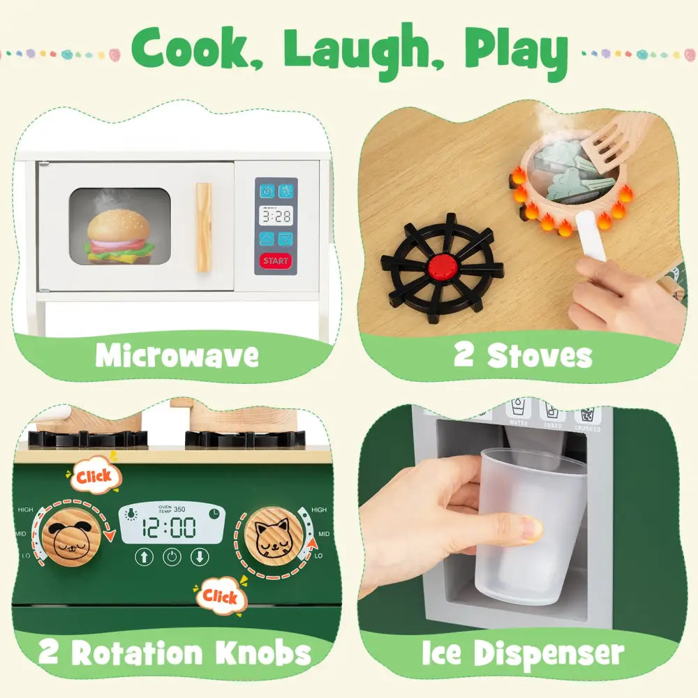 Kids Play Kitchen with Microwave and Rotation Knobs for Girls Boys Aged 3-6-Green - Green - Play Kitchen Sets