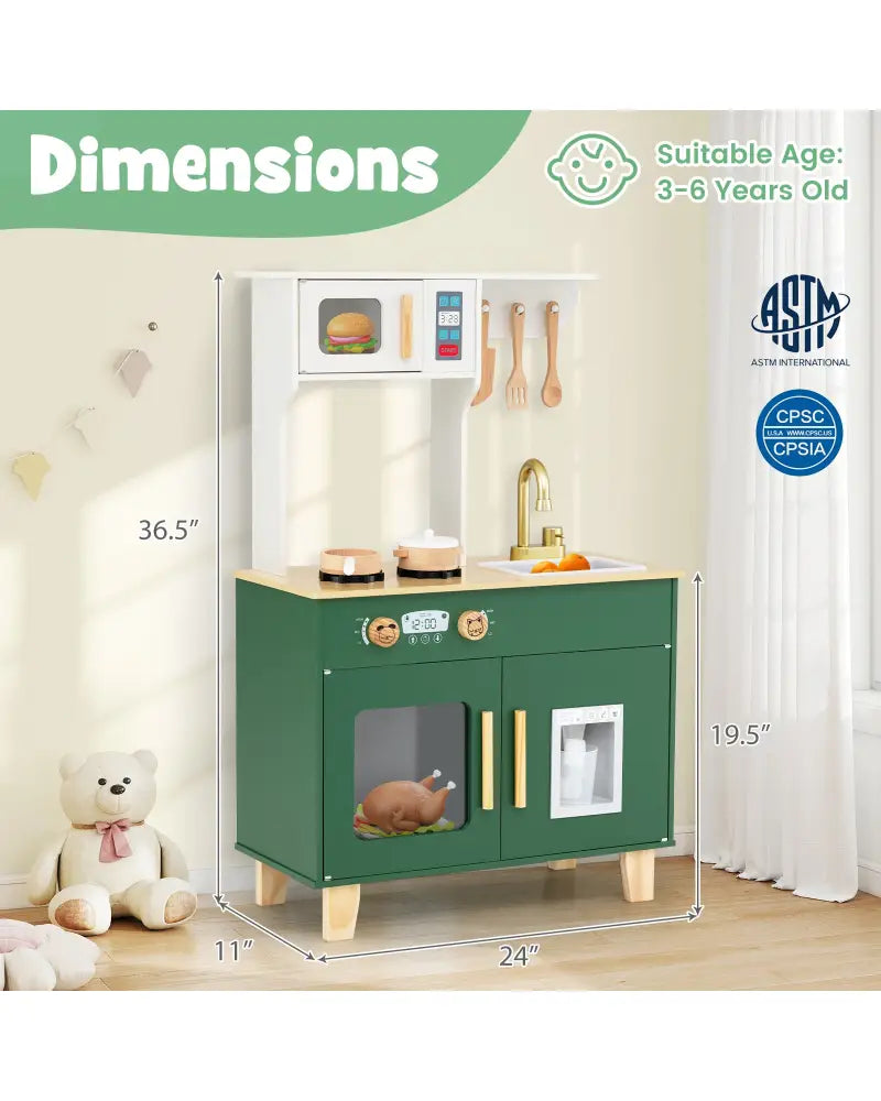 Kids Play Kitchen with Microwave and Rotation Knobs for Girls Boys Aged 3-6-Green - Green - Play Kitchen Sets