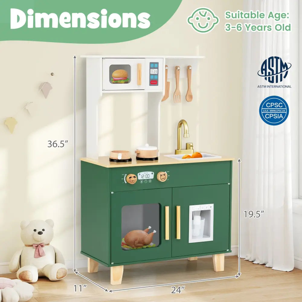 Kids Play Kitchen with Microwave and Rotation Knobs for Girls Boys Aged 3-6-Green - Green - Play Kitchen Sets