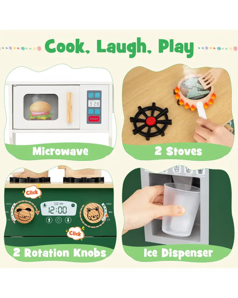 Kids Play Kitchen with Microwave and Rotation Knobs for Girls Boys Aged 3-6-Green - Green - Play Kitchen Sets