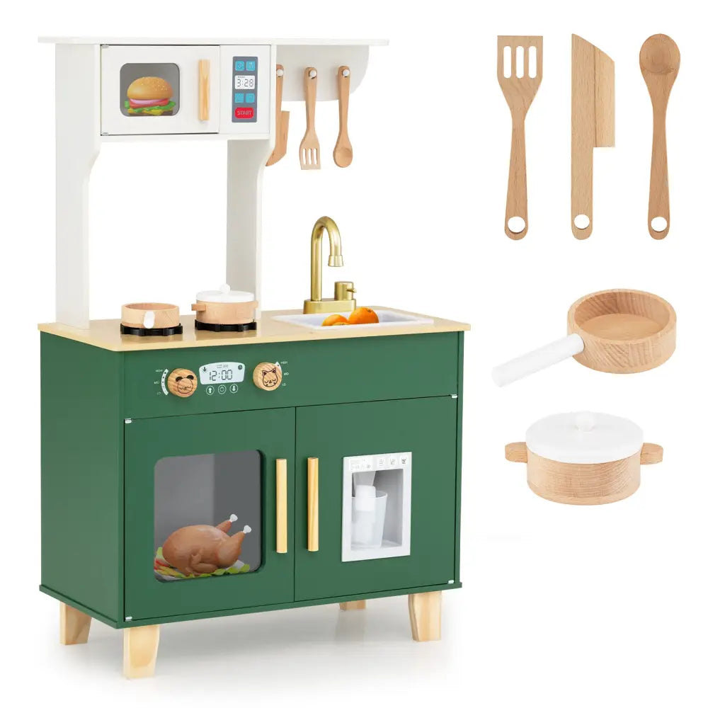 Kids Play Kitchen with Microwave and Rotation Knobs for Girls Boys Aged 3-6-Green - Green - Play Kitchen Sets