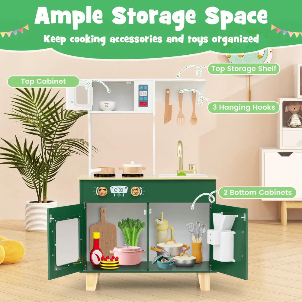 Kids Play Kitchen with Microwave and Rotation Knobs for Girls Boys Aged 3-6-Green - Green - Play Kitchen Sets