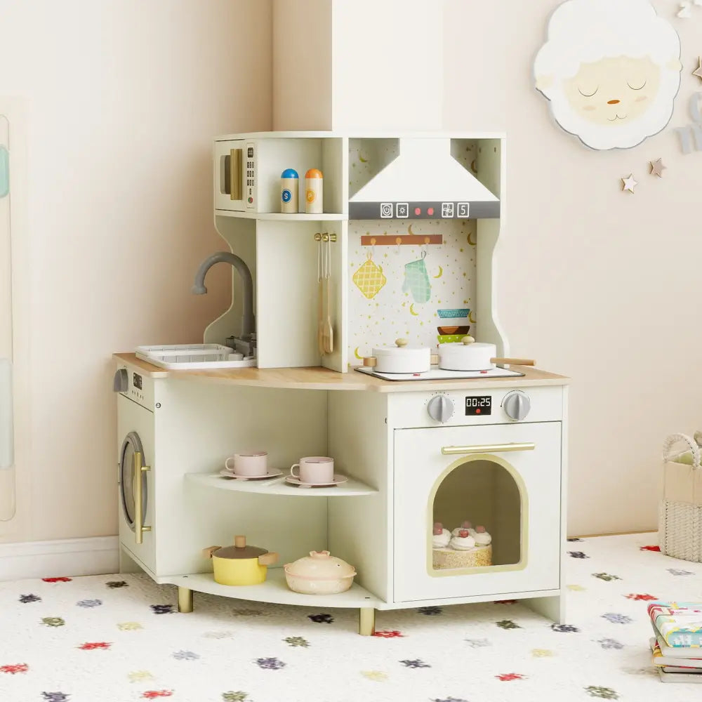 Kids Play Kitchen Wooden Corner Kitchen Playset with Working Faucet and Sink-Beige - Beige - Play Kitchen Sets