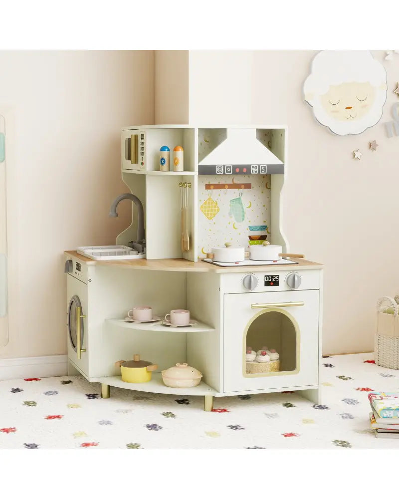 Kids Play Kitchen Wooden Corner Kitchen Playset with Working Faucet and Sink-Beige - Beige - Play Kitchen Sets