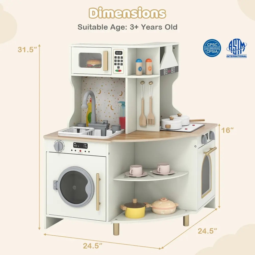 Kids Play Kitchen Wooden Corner Kitchen Playset with Working Faucet and Sink-Beige - Beige - Play Kitchen Sets